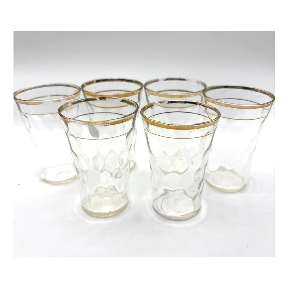 Vintage 1950s Small Liquor Glasses Thumb Print Honey Comb Gold Banded Set of (6)